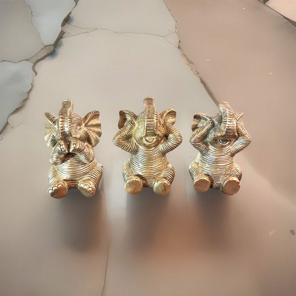 Set Of 3 Gold Elephants. See No Evil, Hear No Evil, Speak No Evil.  5” X 3” Each